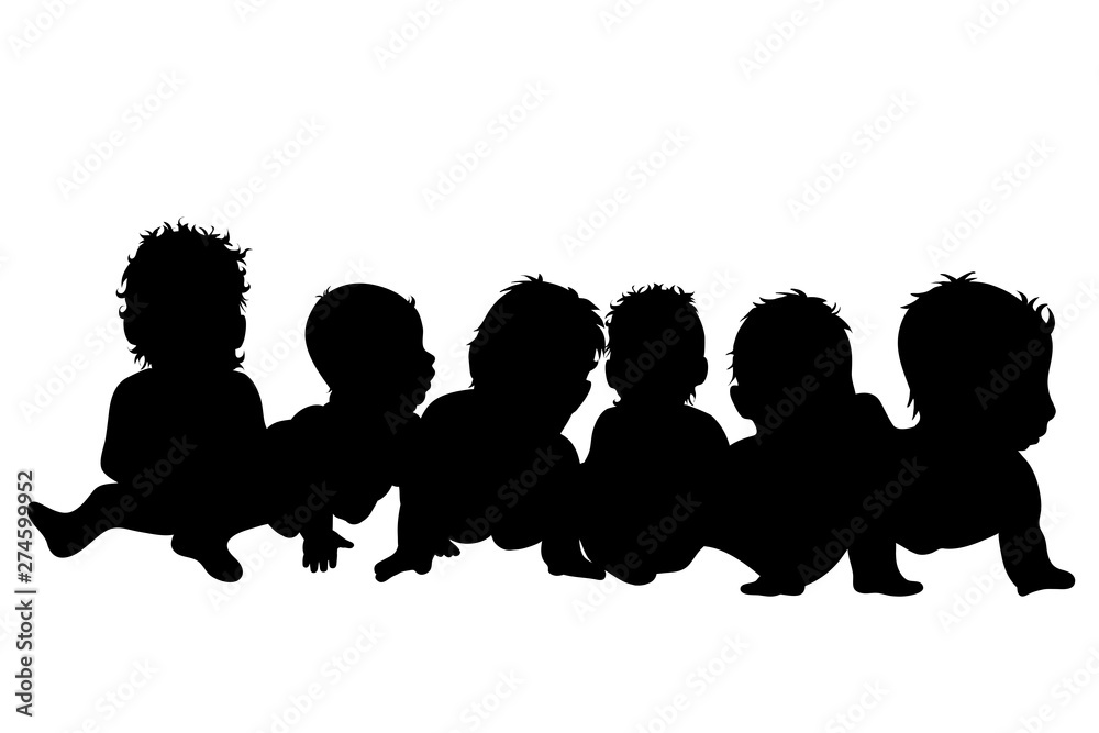 Vector silhouette of babies who plays together on white background. Symbol of siblings, children, friends.