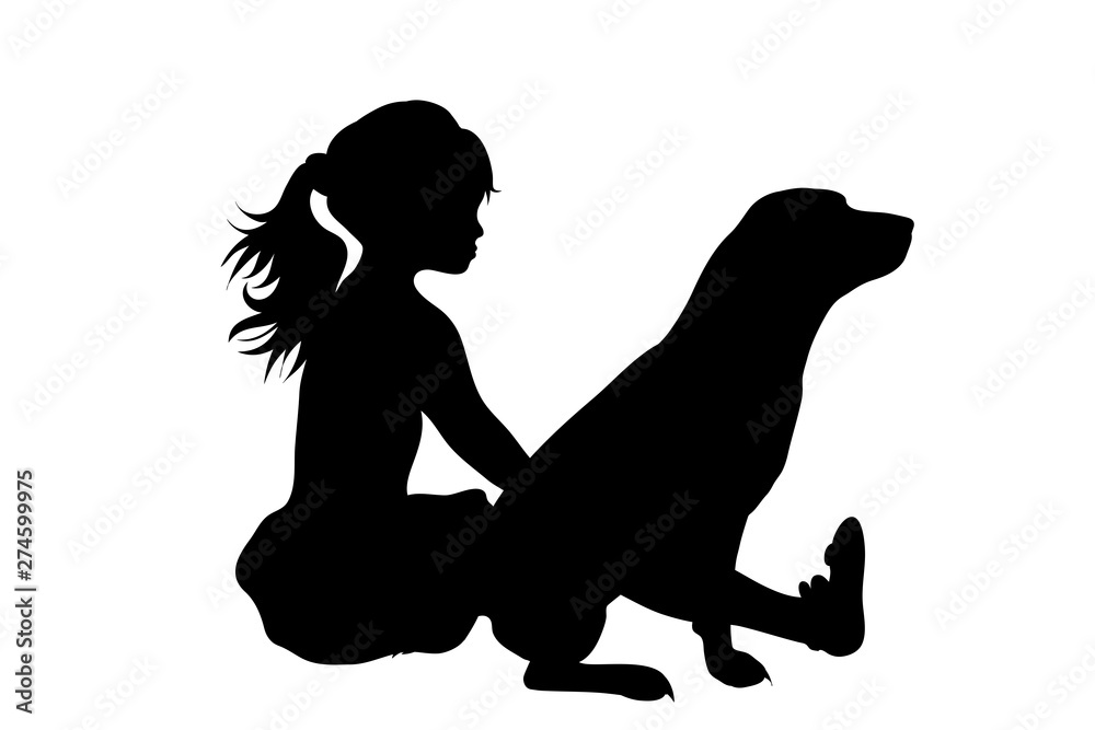 Vector silhouette of child who plays with dog on white background. Symbol of friends and funny activities.