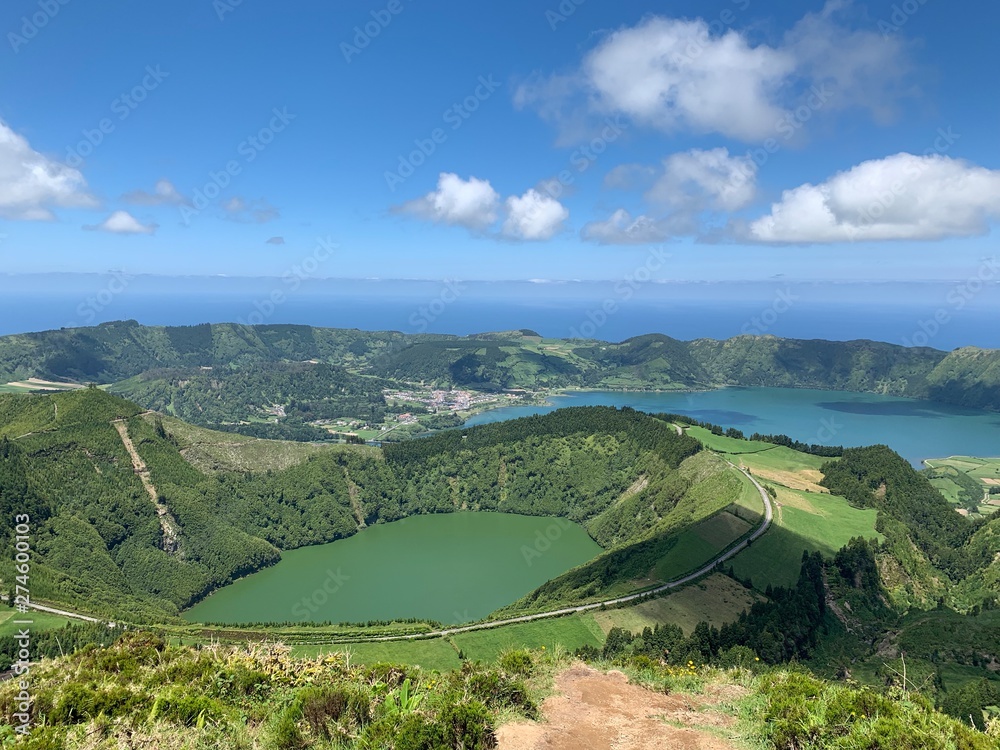 Mountain landscape with lakes on São Miguel island, Azores, Portugal near Sete Cidades