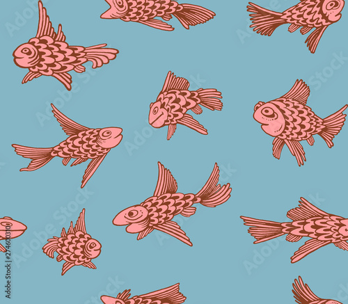 Ornament with fish. Seamless woven pattern. Design print for textile, fabric, wallpaper, background.	