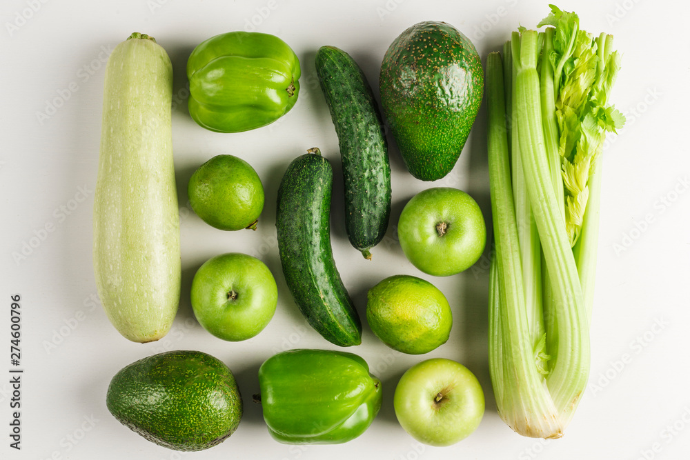 Green vegetables and fruits on white background Green vegetables and fruits on white background