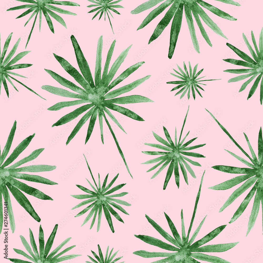 Hand drawn palm leaves, tropical watercolor painting - seamless pattern on light pink background