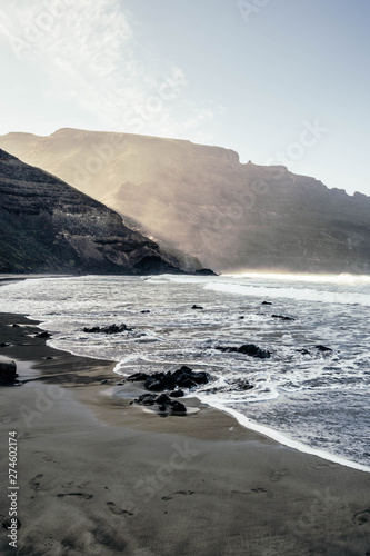 beautiful view of Playa de Orzola beach in Lanzarote, Canary Islands, during sunset