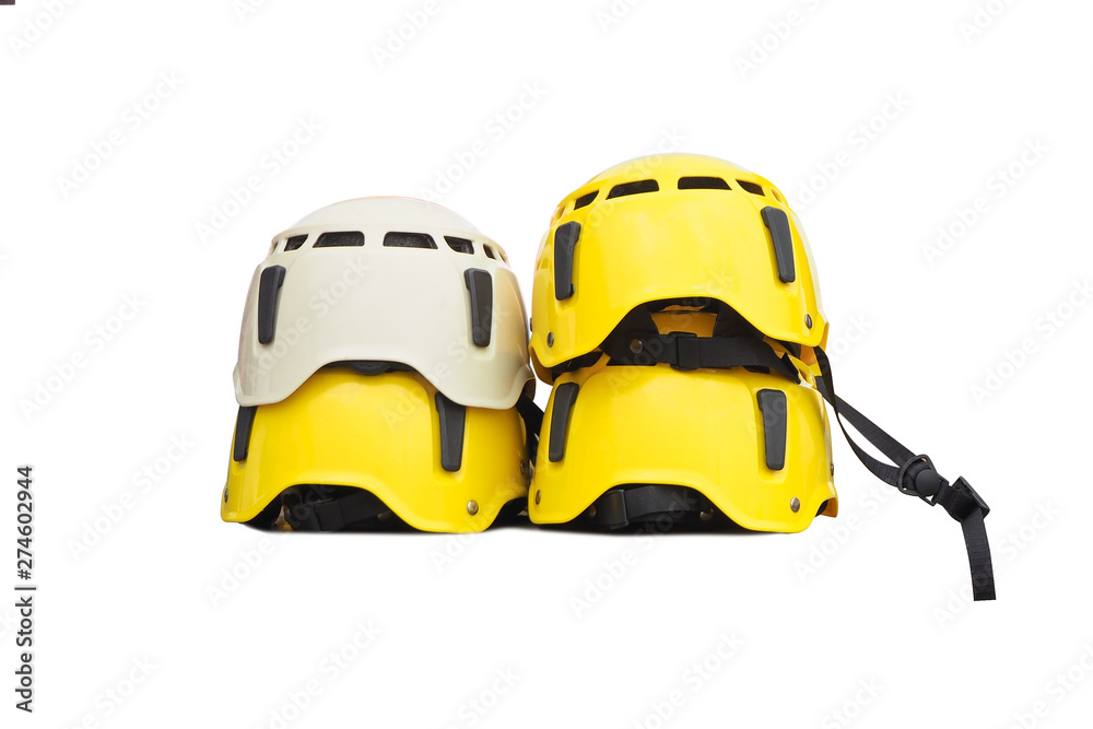 Set of yellow and white helmets isolated. Protective hard hats for extreme sports