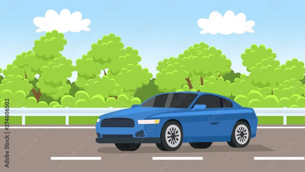 Cartoon blue car flat animation driving along the road highway Cartoon blue car flat animation driving along the road highway