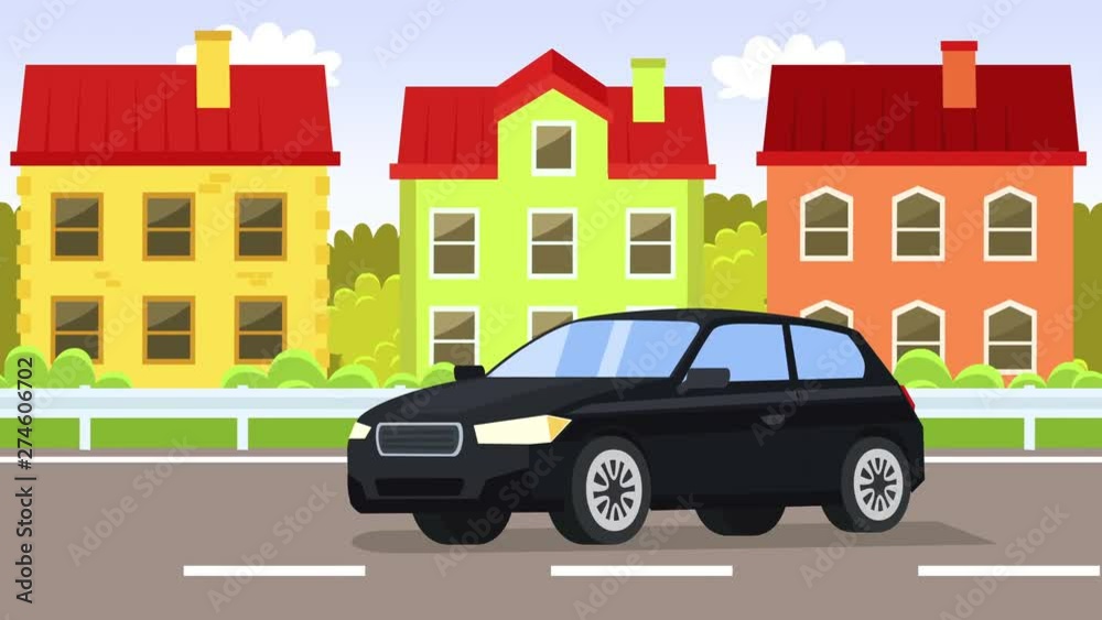 Cartoon black car flat animation driving rides around town Cartoon black car flat animation driving rides around town