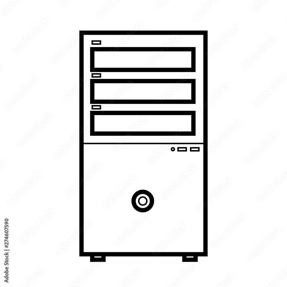 Vector illustration of a black and white flat icon simple modern digital digital rectangular system unit of a stationary computer isolated on a white background. Concept: computer digital technologies Vector illustration of a black and white flat icon simple modern digital digital rectangular system unit of a stationary computer isolated on a white background. Concept: computer digital technologies