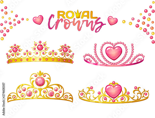 Princess crowns with heart gems isolated on white background. Golden female tiaras vector icons collection