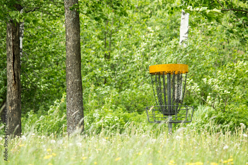 Frisbee golf basket behind blurred grass in the middle of leafy tree forest