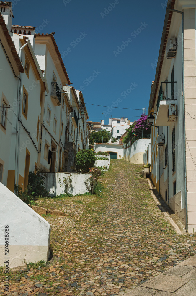 Old colorful houses in cobblestone alley on slope