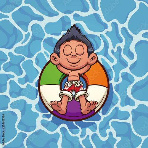 Cartoon boy floating on a lifesaver clip art. Vector illustration with simple gradients. Some elements on separate layers. 