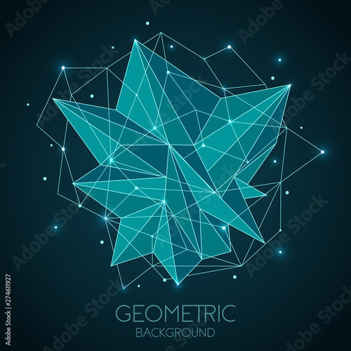 Polygonal abstract futuristic template, low poly sign on dark blue background. Vector lines, dots and triangle shapes, connecting network, digital molecules technology, connection structure.
