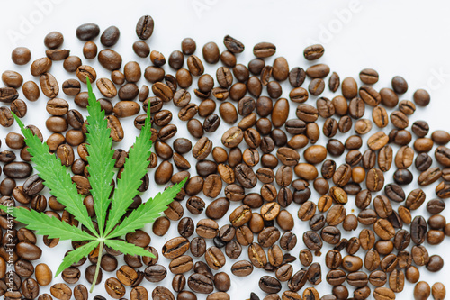 Coffee beans with marijuana leaves background top view. Green cannabis leaf on coffee beans background with place for copy space