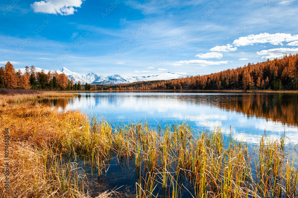 Kidelu lake in Altai mountains, Siberia, Russia. Beautiful autumn landscape. Famous travel destination