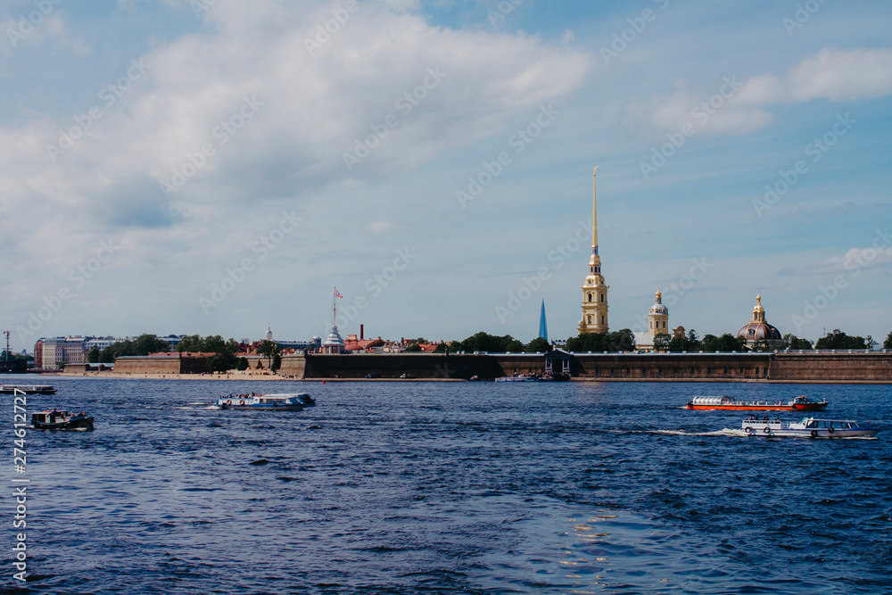 St. Petersburg, Russia - May 27, 2019. Peter and Paul Fortress overlooking the Neva River and the city of St. Petersburg.