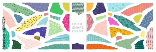 Abstract shape collage. Modern paper cut pieces minimal graphic template, ruffle edges decoration set. Vector illustrations fun fashion hand drawn shapes
