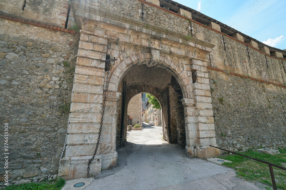 Gate entrance to medieval village Villefranche de Conflent, Pyrenees Orientales, Occitanie, France