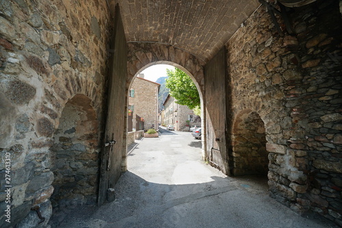 Gate entrance to medieval village Villefranche de Conflent  Pyrenees Orientales  Occitanie  France