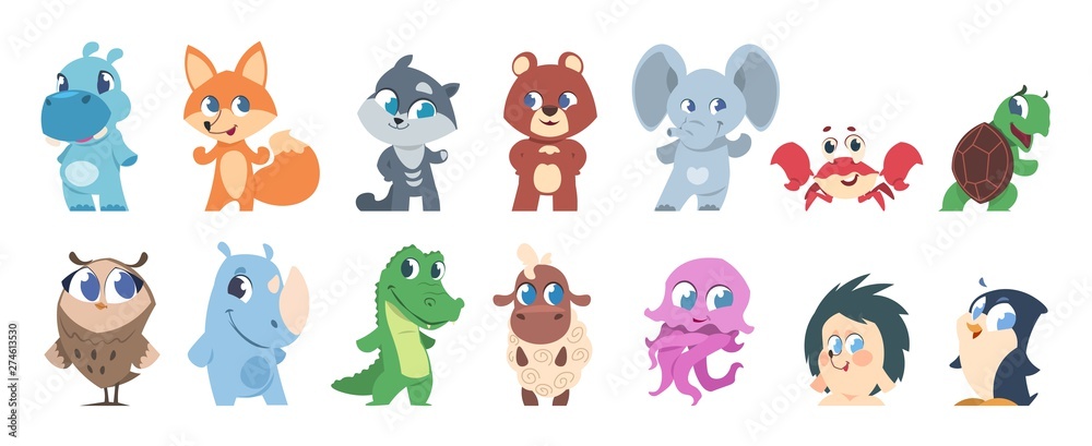 Baby animals. Cute cartoon characters, little funny wild and domestic animal children. Vector cartoons funny pets and forest fauna isolated set Stock Vector | Adobe Stock Baby animals. Cute cartoon characters, little funny wild and domestic animal children. Vector cartoons funny pets and forest fauna isolated set Stock Vector | Adobe Stock