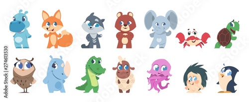 Baby animals. Cute cartoon characters, little funny wild and domestic animal children. Vector cartoons funny pets and forest fauna isolated set photo