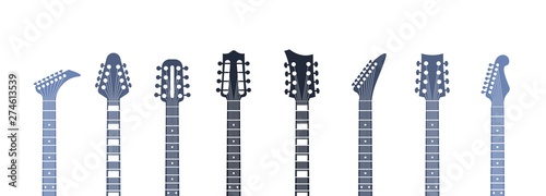 Guitars headstock. Flat acoustic and electric guitar necks and heads, minimal abstract template. Vector minimalism isolated illustration object set