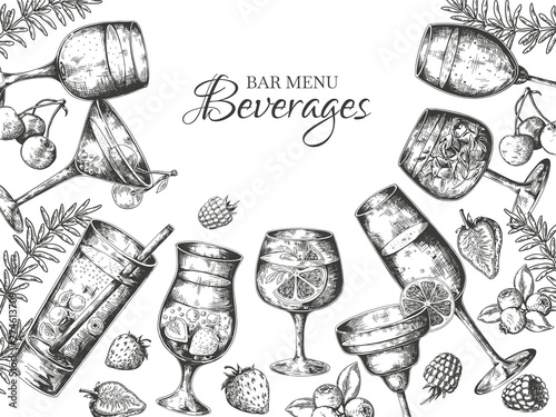 Hand drawn cocktails background. Alcoholic beverages and lemonades sketch frame. Vector summer cold bar drinks menu background engraved