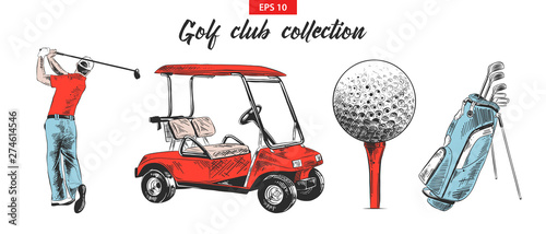 Vector engraved style illustration for posters, decoration and print. Hand drawn sketch set of golf bag, cart, ball and golfer in black isolated on white background. Detailed vintage etching drawing.