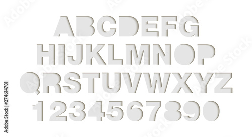 Vector craft paper cut white shapes font. Paper art style alphabet and numbers, typography ABC letters design. 3d characters isolated, origami typeface for logo. Cut out by scissors from paper.