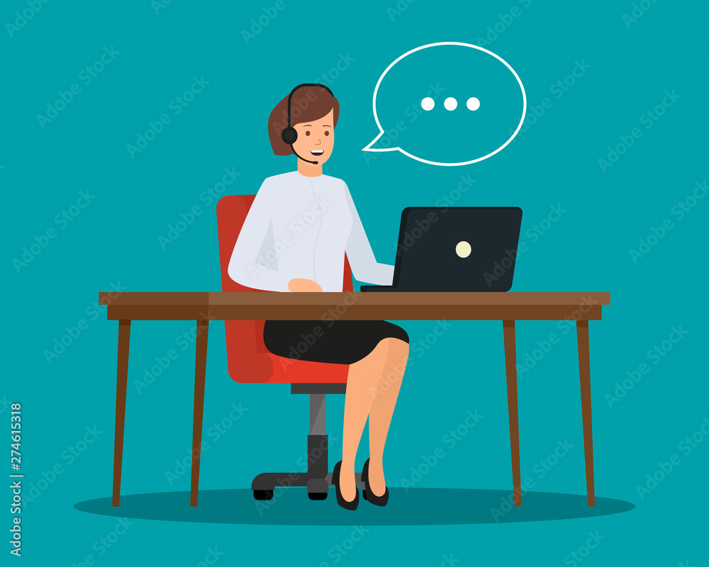 Operator of call center office consulting a client. Girl telephone consultant in workplace. Online customer service concept. Vector illustration design. EPS 10. Operator of call center office consulting a client. Girl telephone consultant in workplace. Online customer service concept. Vector illustration design. EPS 10.