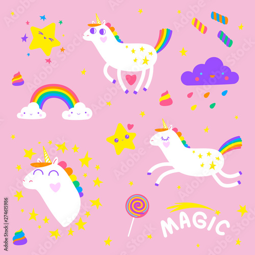 Cute magical unicorns with clouds, stars, candies and rainbows. Adorable set on the pink background