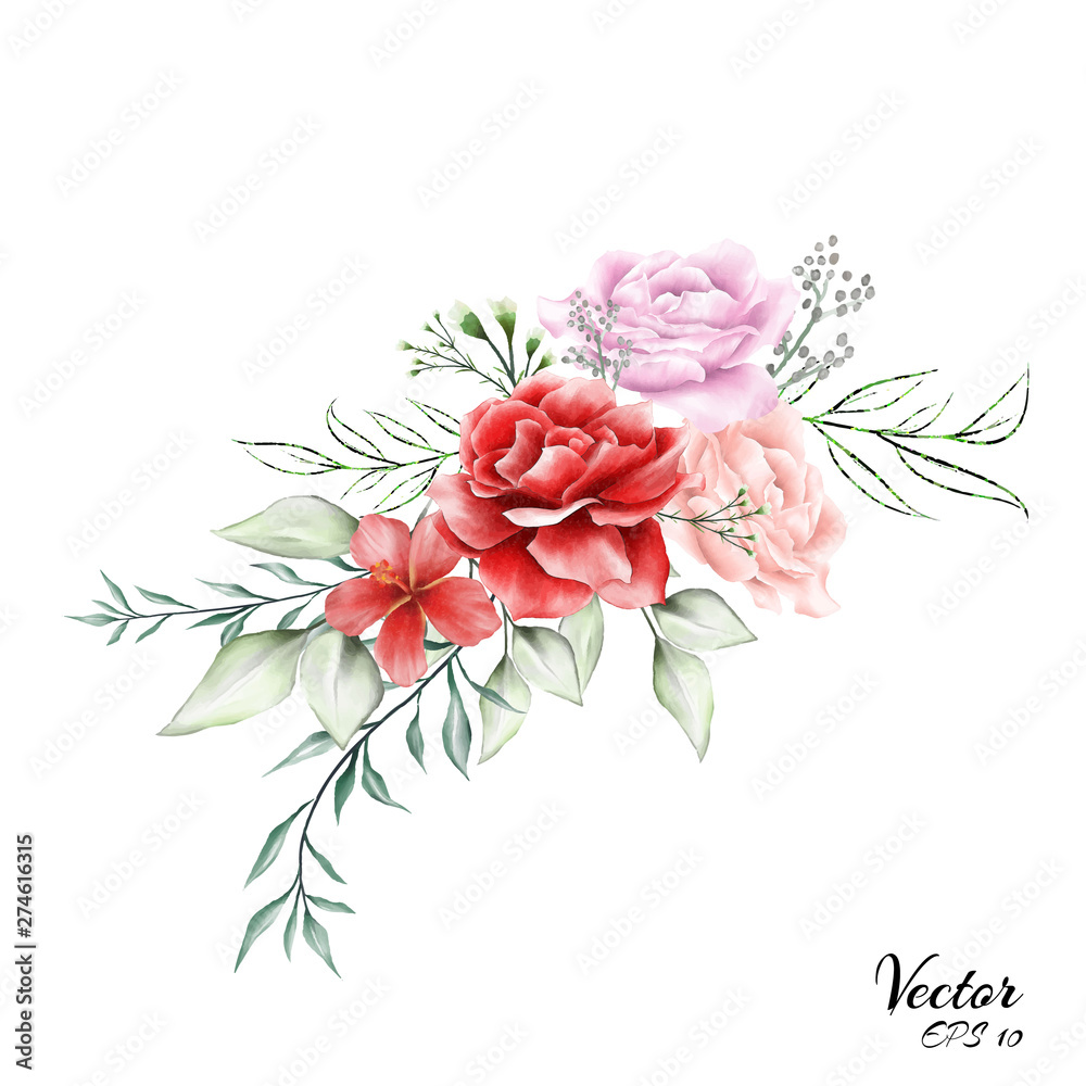 Floral Arrangement on White Isolated Background. Watercolor Invitation Design Concept with Roses, Hibiscus Flowers and Wild Leaves. Floral Wreath for Wedding or Greeting Card Composition