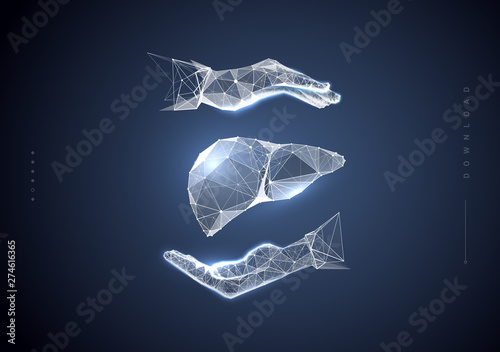 Liver organ in hand. Polygonal wireframe composition. Technology in medicine. Abstract illustration isolated on dark background. Particles are connected in a geometric silhouette