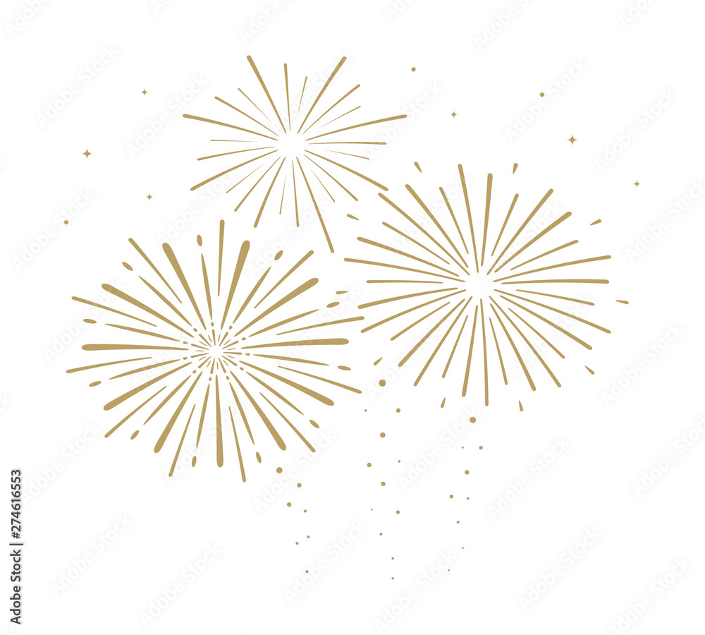 Gold festive fireworks isolated on white background. Vector illustration. Flat design. EPS 10.