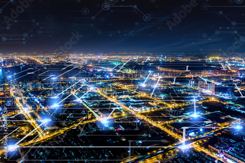 Photography Modern city with wireless network connection concept
