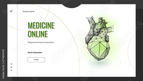 Web page with a silhouette of the heart. Polygonal wireframe composition. Infografic concept. Abstract isolated on black background. Particles are connected in a geometric silhouette.
