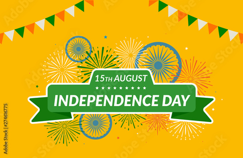 Happy Independence day of India 15th August. Festive fireworks and Party flags on orange background. Vector illustration.