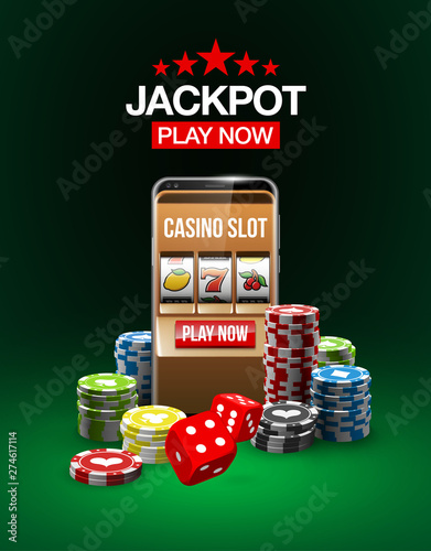 big win illustration Online Jackpot casino Slot machine banner in mobile phone. Chips, playing card, dice. Marketing Luxury Banner Jackpot Online Casino game Slot-machine in Smartphone play now poster