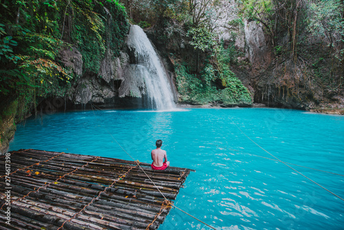 The azure Kawasan waterfall in cebu. The maining attraction on the island. Concept about nature and wanderlust traveling photo