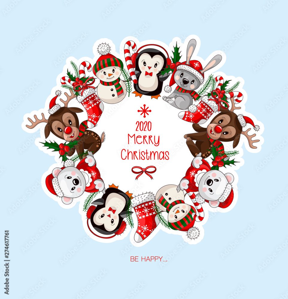 Postcard with cute baby animals on Christmas wear. Vector