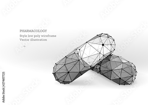 Medication or pill or capsule. Polygonal wireframe composition. Technology and innovation in pharmacology. Biologically active additives. Abstract illustration isolated on white background.