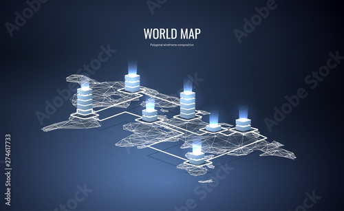 World map isometric. Polygonal wireframe composition.The concept of hosting the world of servers. Abstract illustration isolated on blue background. Particles are connected in a geometric silhouette.