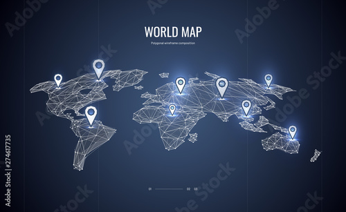 World map isometric. Polygonal wireframe composition. Marked location map. Abstract illustration isolated on blue background. Particles are connected in a geometric silhouette.