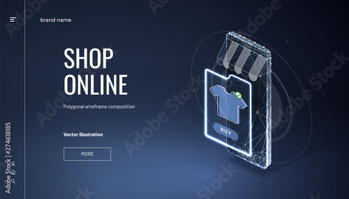 Online store. Smartphone - internet shop. Isometric smartphone with awning and clothing catalog. Concept of mobile marketing and e-commerce. Abstract isolated on blue background.