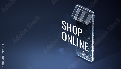 Online store. Smartphone - internet shop. Low poly wireframe style. Isometric smartphone with awning and text. Concept of mobile marketing and e-commerce. Abstract isolated on blue background.