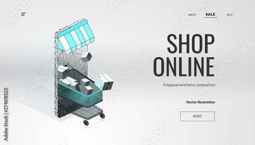 Online store. Smartphone turned into internet shop. Isometric Shopping trolley and smartphone with awning. Concept of marketing and e-commerce.Shop online concept.Abstract isolated on white background