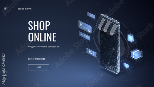 Online store. Smartphone - internet shop. Low poly wireframe style. Isometric smartphone with awning and icon shopping. Stages of online shopping. Abstract isolated on blue background.