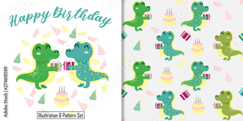 cute birthday alligator crocodilleanimal card seamless pattern set