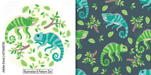 cute baby iguana animal card seamless pattern set Fototapet