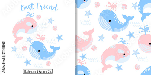 cute whale animal card seamless pattern set