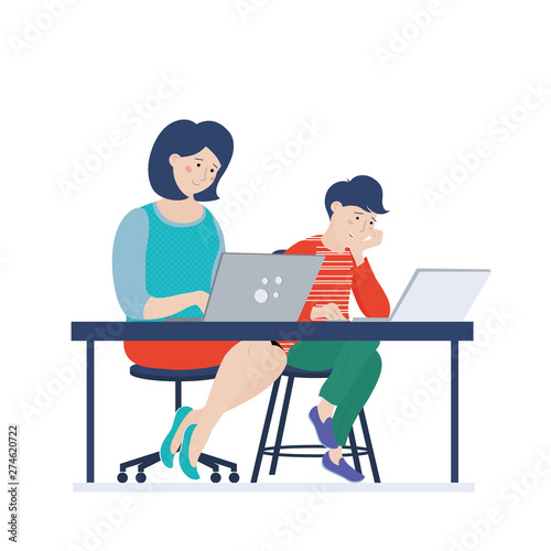 Teenage boy and his mom sitting at the table and working on laptops, using computers, looking at the screen, vector illustration isolated on white background. Woman and boy, mom and son using computer